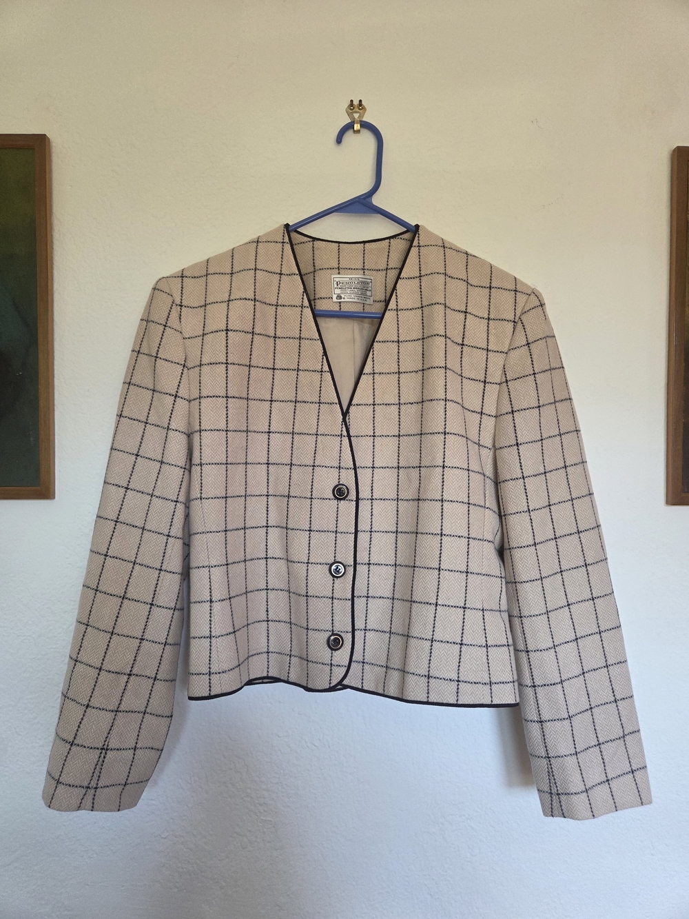 Vintage Miss Pendleton Tan Windowpane Blazer with Black Trim